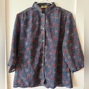 VINTAGE Secolo 1980s Sheer Blue Print Mandarin Collar Button Top Shirt L Asian